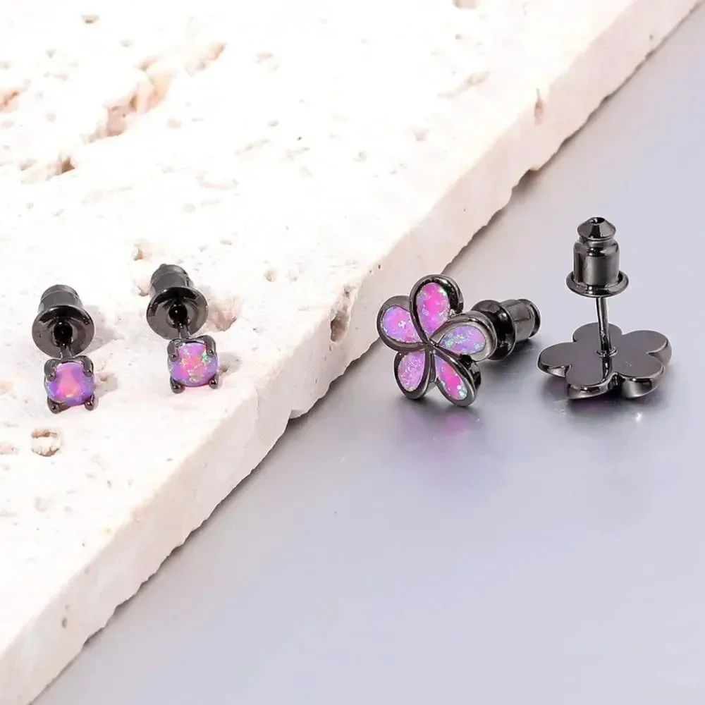 14K Black Gold with Genuine Purple Fire Opal Flower Post Stud Earrings Set of 2